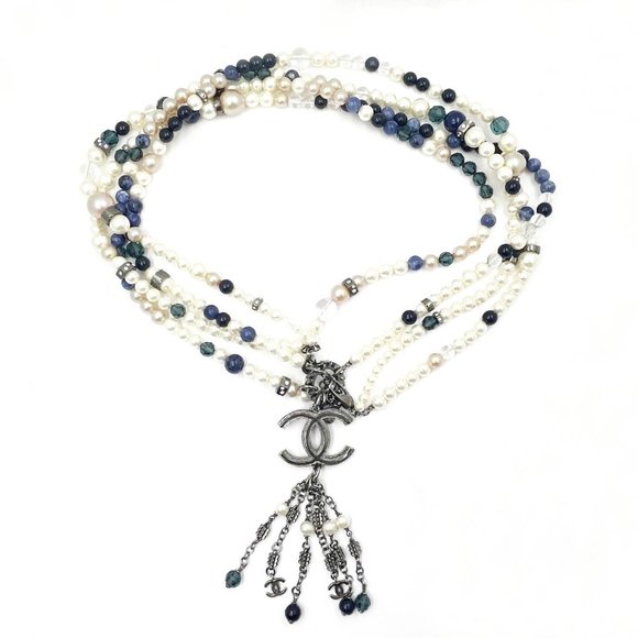 Chanel Super Rare Blue Stone Pearl Gunmetal CC Tassel Large Pendant Long Necklac - Picture 1 of 5